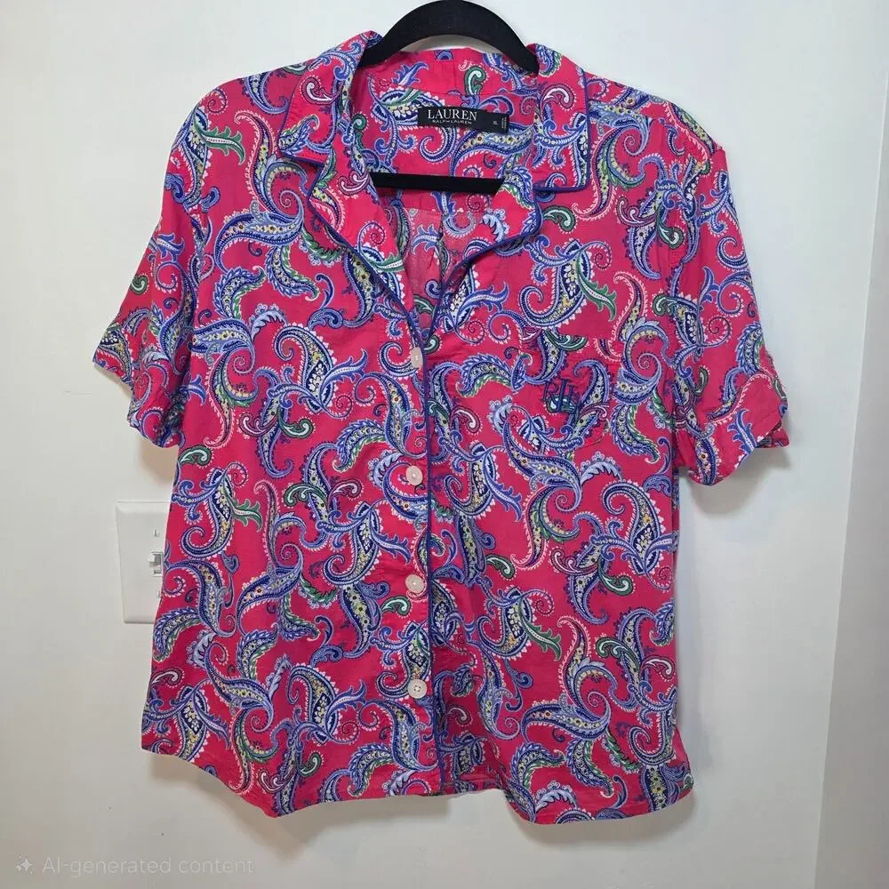 Lauren Ralph Lauren Womens Pajama Top XL Pink Paisley Button Down Shirt Logo